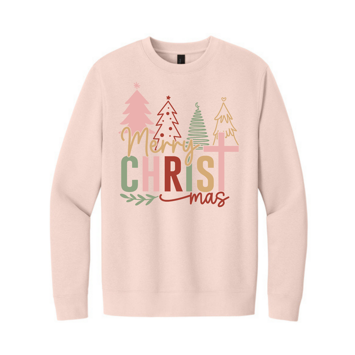 Merry CHRISTmas light pink crewneck sweatshirt with Christmas trees and cross