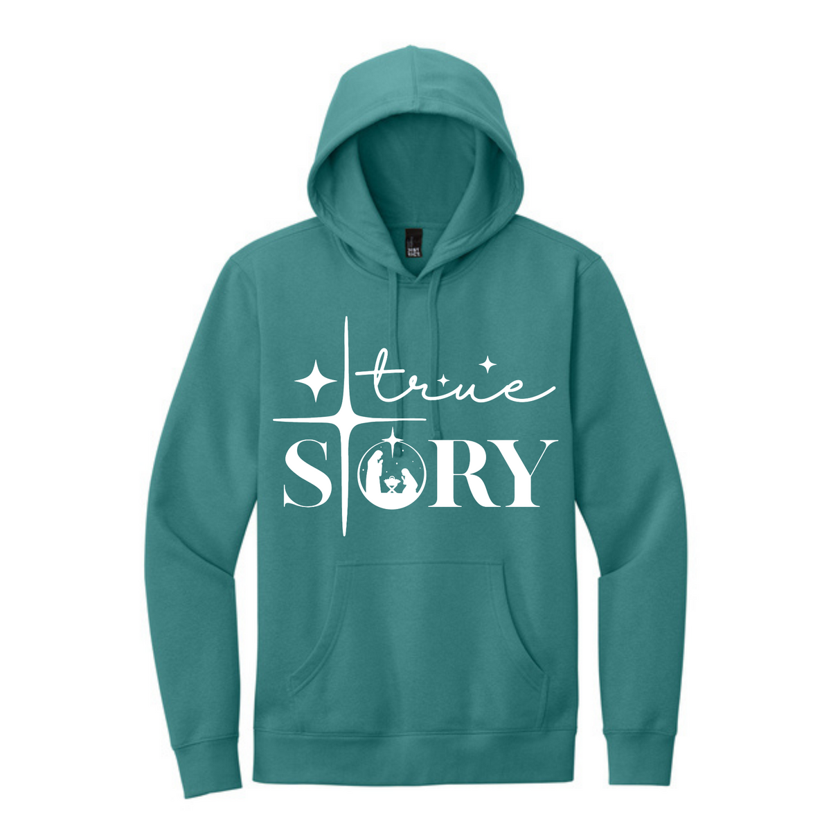 True Story teal hoodie mockup, white print