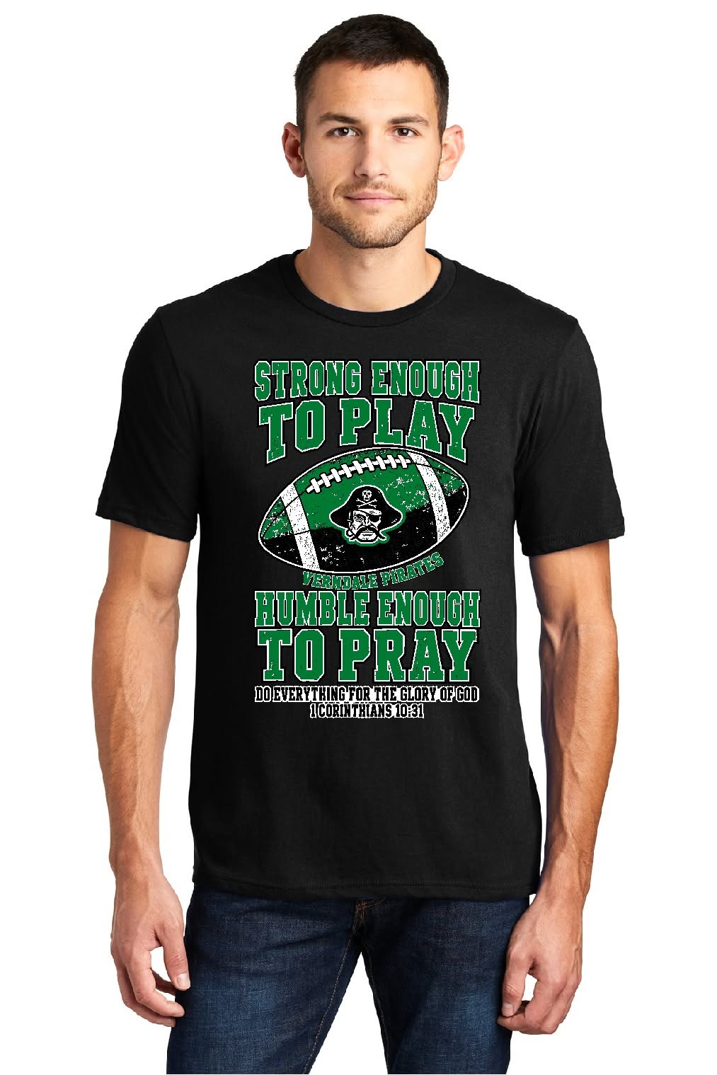 Design 16 Verndale Pirates Strong Enough to Play Humble Enough to Pray football shirt mockup
